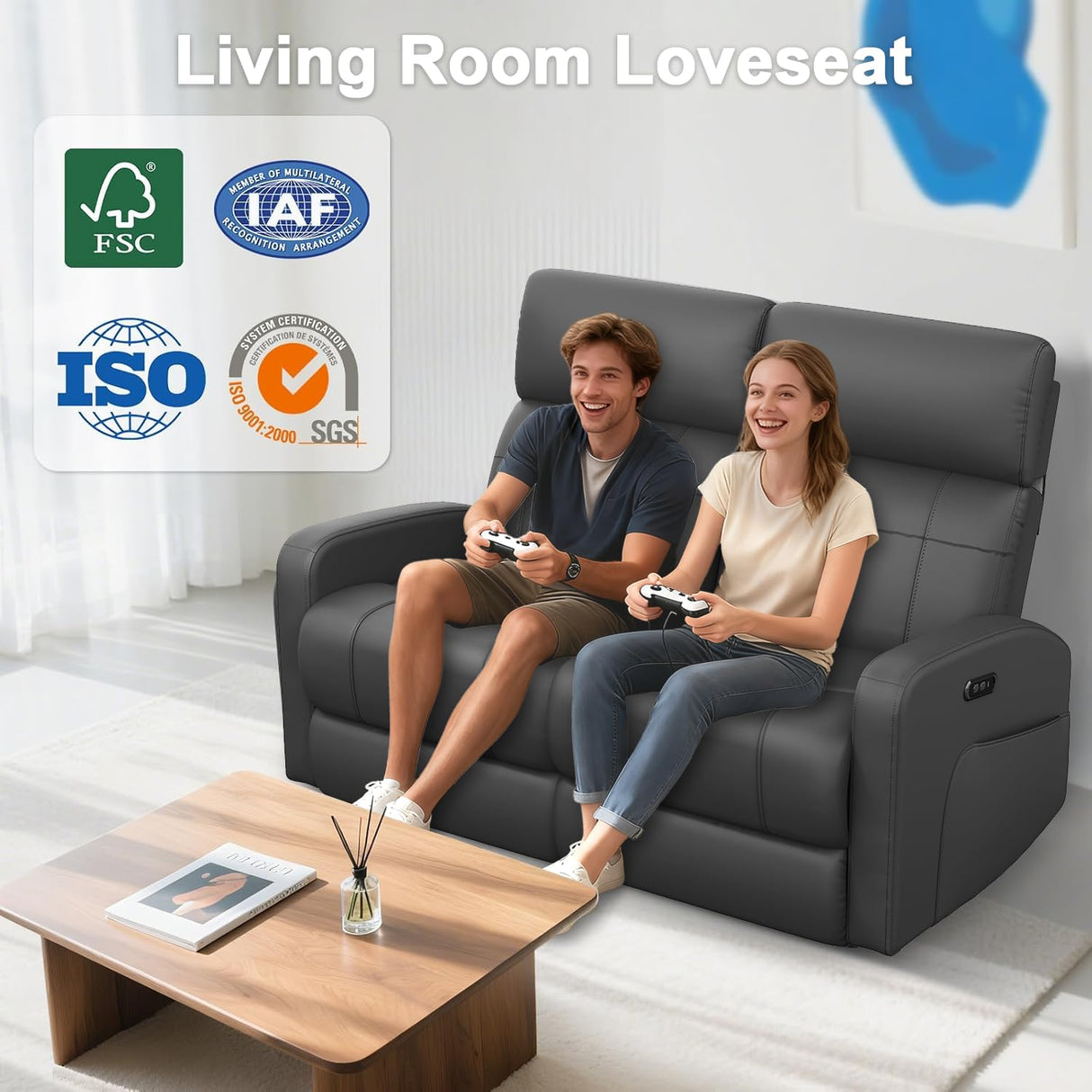 Duitrc Power Loveseat Recliner Sofa, Electric Reclining Loveseat with Adjustable Headrest, Extended Footrest, USB Type-C Ports, Grey PU Leather 2 Seater Reclining Couch for Living Room, RV, Office Duitrc