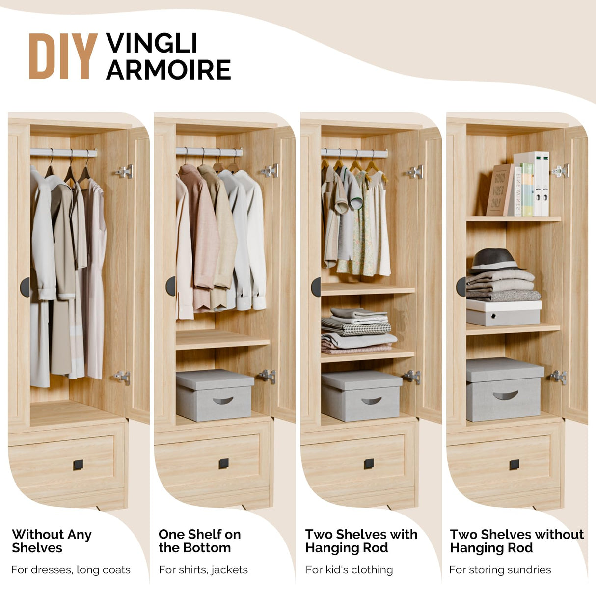 VINGLI Wardrobe Closet, Armoires and Wardrobes with Doors,Hanging Rod, Shelves and Drawer, Freestanding Closet Wardrobe Cabinet, Oak Armoire Wardrobe for Bedroom, Dorm, 38" W x 21" D x 65" H VINGLI