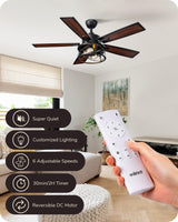 EDISHINE 42“ Farmhouse Ceiling Fans with Lights, Remote Control, Dimmable, 6 Speeds, 5 Wood Blades, DC Reversible Motor, Timer, Noiseless, Small Rustic Ceiling Fan for Bedroom Living Room, UL Listed EDISHINE