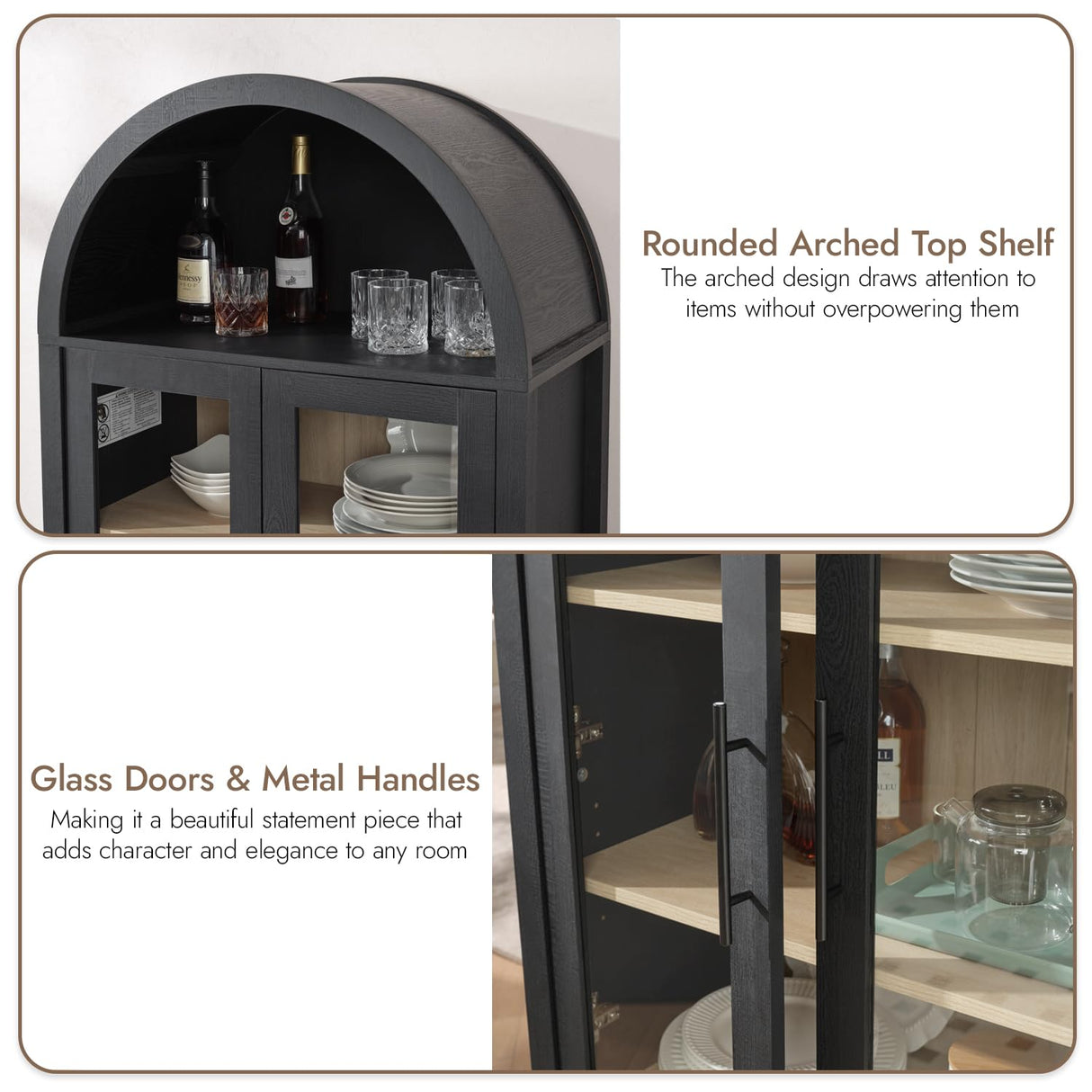 WINWY 71" Tall Arched Display Cabinet, 5-Tier Bookshelf Modern Farmhouse Arched Bookcase with Glass Doors and Shelves, Wooden Pantry Storage Cabinet for Living Room, Office and Kitchen, Black WINWY