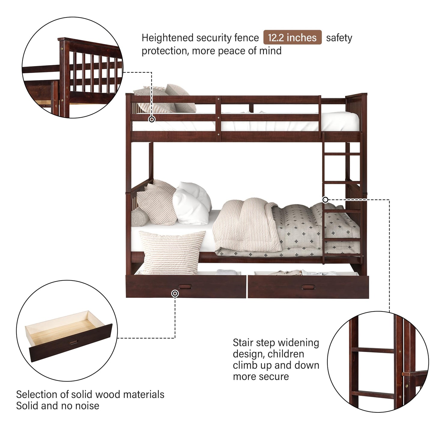 Merax Wood Bunk Bed with Drawers, Full Over Full Convertible Wood Bunk Bed with Ladders and Two Storage Drawers,Solid Wood Detachable Bunk Bed Frame with Ladders, Espresso