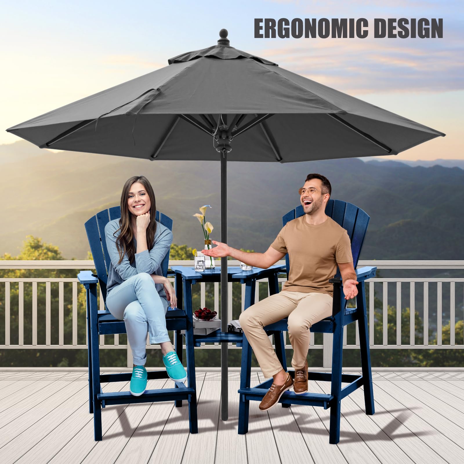 FOOWIN Tall Adirondack Chairs Set of 2，Recycled Poly Balcony Chair with Double Connecting Tray Patio Stools Weather Resistant for Outdoor Deck Lawn Pool Backyard (Double Connecting Tray, Navy - WoodArtSupply