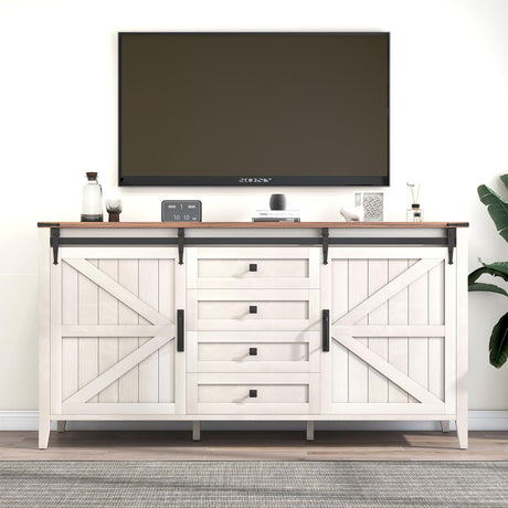 GlouMod 60" Farmhouse TV Stand & Dresser - White Entertainment Center with Sliding Barn Door, Retro Wood Chest for Living Room or Bedroom Storage GlouMod