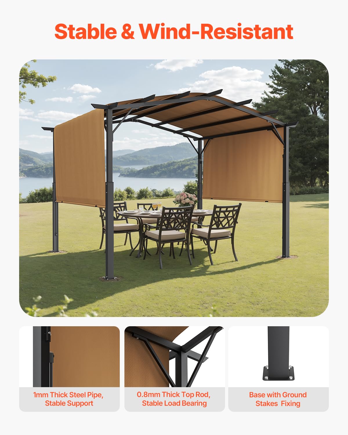 VEVOR 12 x 10 ft Outdoor Pergola, Arched Top Metal Pergola, Retractable Pergola with Sun Shade Canopy, Large Patio Shelter Pavilion, Heavy Duty Garden Pergola for Deck Backyard Porch Poolside VEVOR