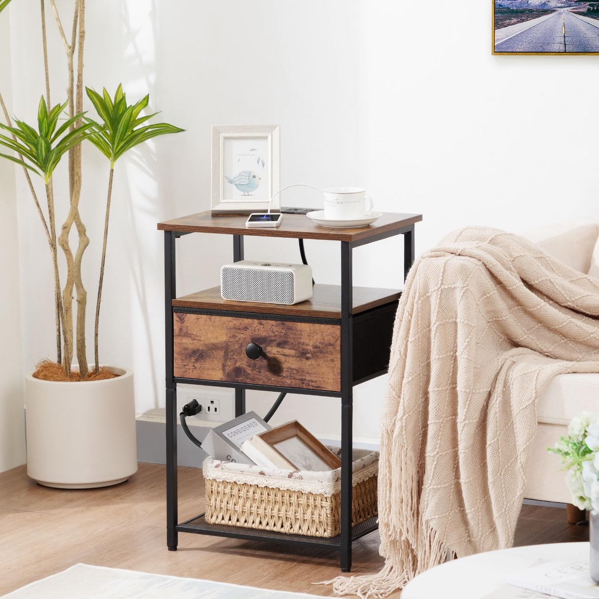 LOAKEKEL Night Stand Set 2, Nightstand with Charging Station, End Tables Living Room with Fabric Drawer for Small Spaces, Side Tables with Storage Shelf for Bedroom, Rustic Brown HETS010PBR LOAKEKEL