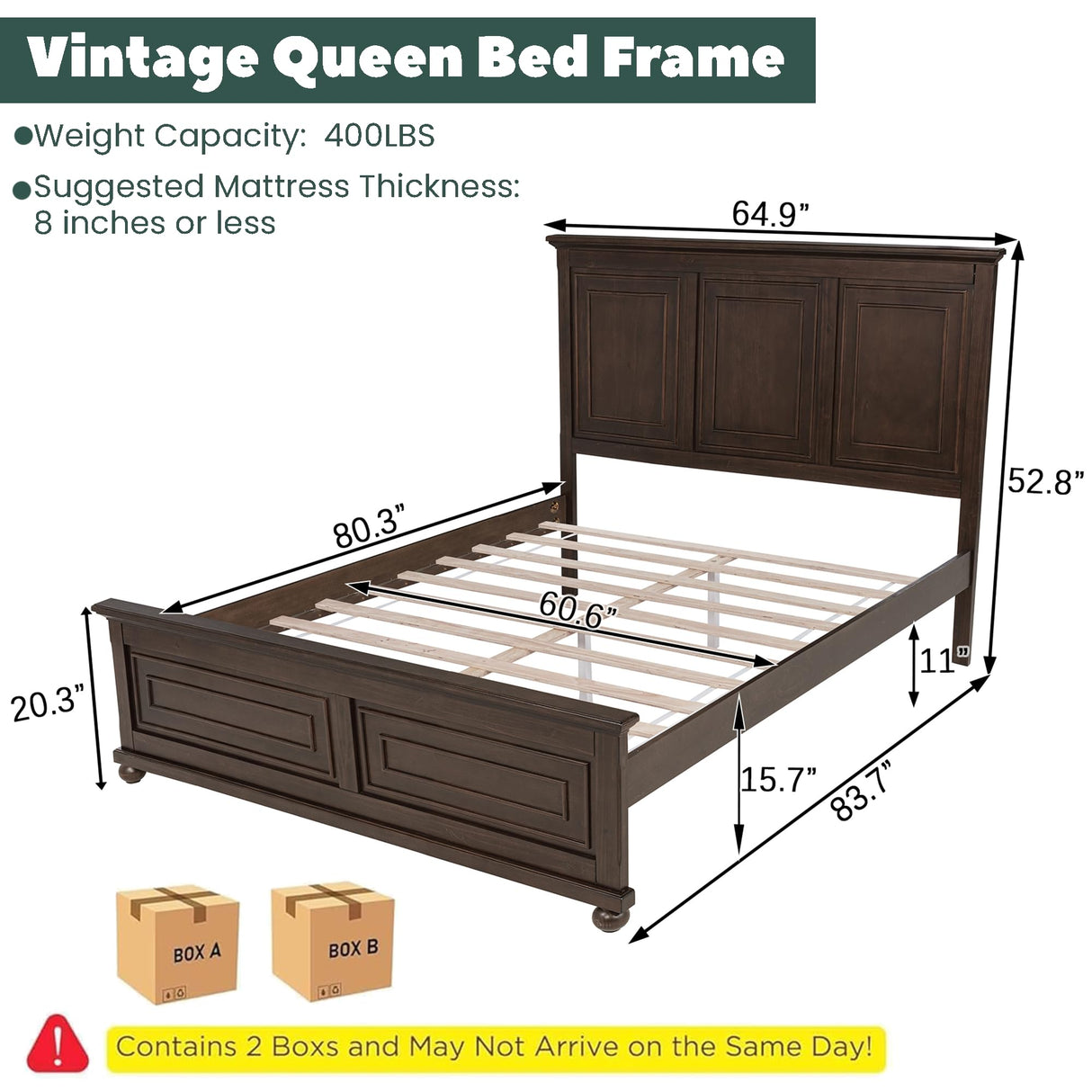 Mirightone Wood Queen Bed Frame with Tall Headboard and Footboard, Rustic Queen Panel Bed with Under Bed Storage, Farmhouse Style, Noise-Free, No Box Spring Needed, Antique Brown Mirightone