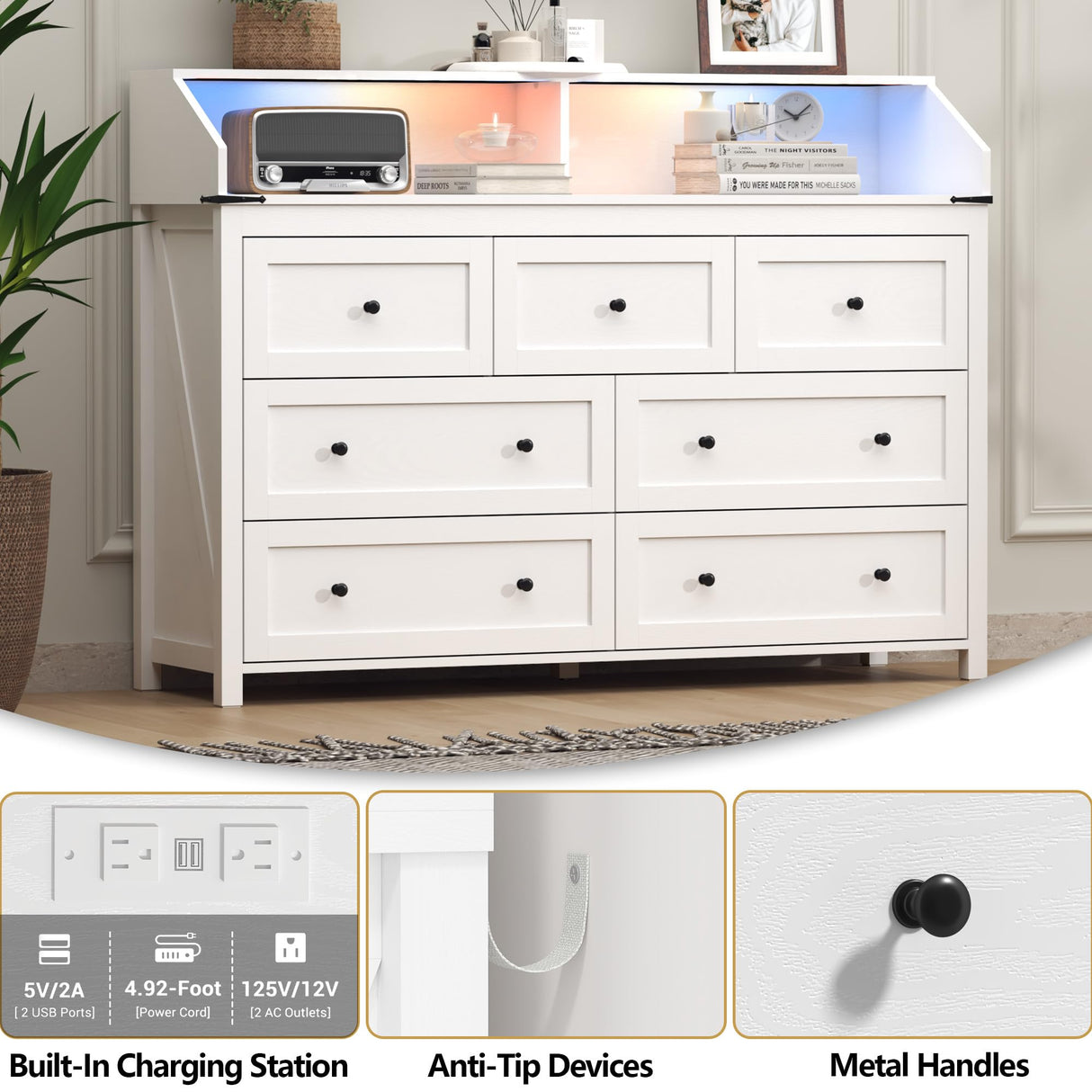 BORNOON 7 Drawer Dresser with LED Lights & Charging Station, Modern Wood Chest of Drawers for Bedroom, Wide Storage Dresser with Metal Handles & Anti-Tip Kit for Closet, Living Room, Entryway BORNOON