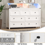 BORNOON 7 Drawer Dresser with LED Lights & Charging Station, Modern Wood Chest of Drawers for Bedroom, Wide Storage Dresser with Metal Handles & Anti-Tip Kit for Closet, Living Room, Entryway BORNOON