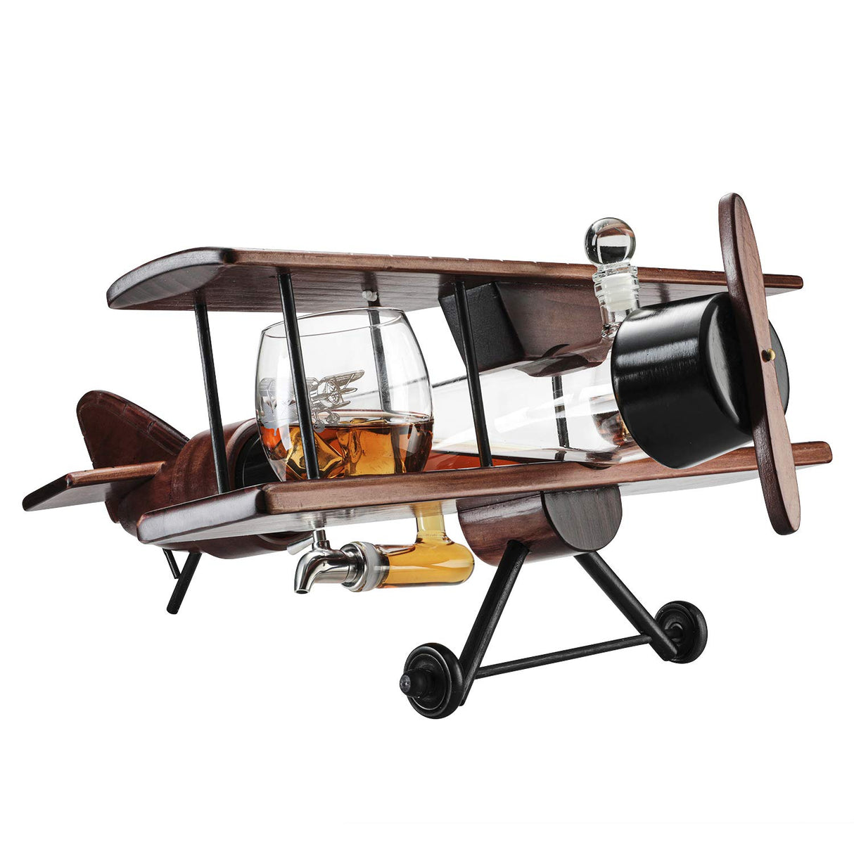 Whiskey & Wine Decanter Airplane Set and Glasses Antique Wood Airplane - The Wine Savant Whiskey Gift Set and 2 Airplane Glasses, Pilot Gift Moving Parts- Alcohol Related Gift, BAR DECOR Large 21" The Wine Savant