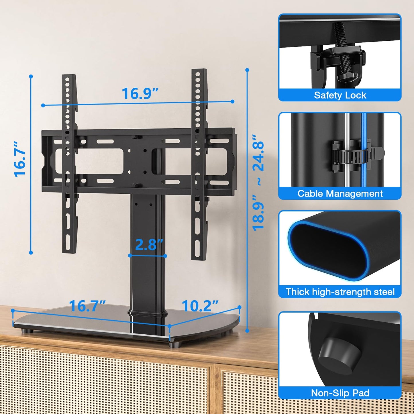 Rfiver Universal Swivel TV Stand for 27-50 55 60 Inch TVs, Height Adjustable Table Top TV Stand Mount Hold up to 88 lbs, Pedestal TV Stand with Tempered Glass Base, Replacement TV Stand Base