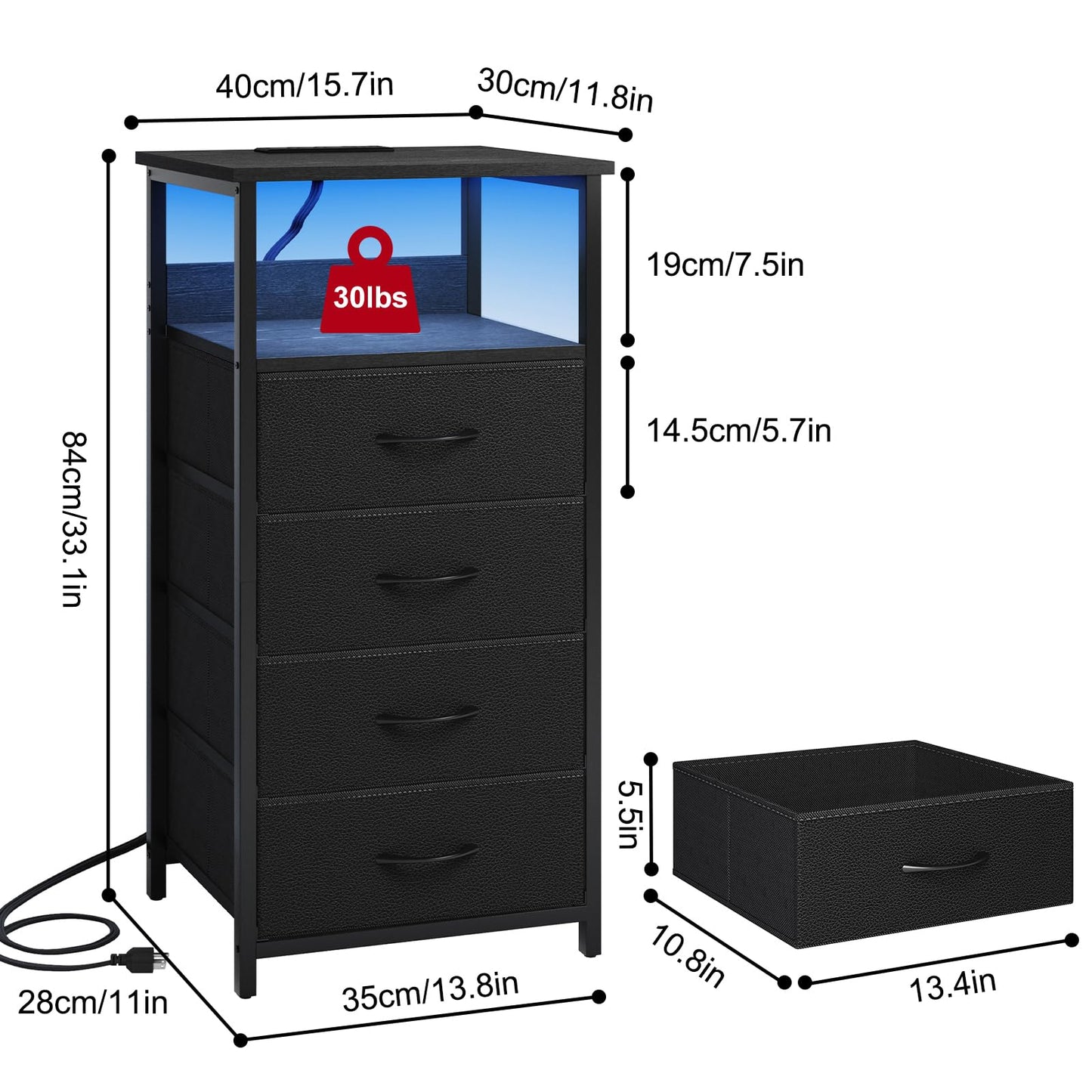 Fixwal Night Stand with Charging Station, LED Dresser for Bedroom Tall Nightstand with USB Ports and Outlets, 4 Fabric Storage Drawers with PU Finish, Bed Side Table, Black