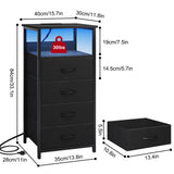 Fixwal Night Stand with Charging Station, LED Dresser for Bedroom Tall Nightstand with USB Ports and Outlets, 4 Fabric Storage Drawers with PU Finish, Bed Side Table, Black Fixwal