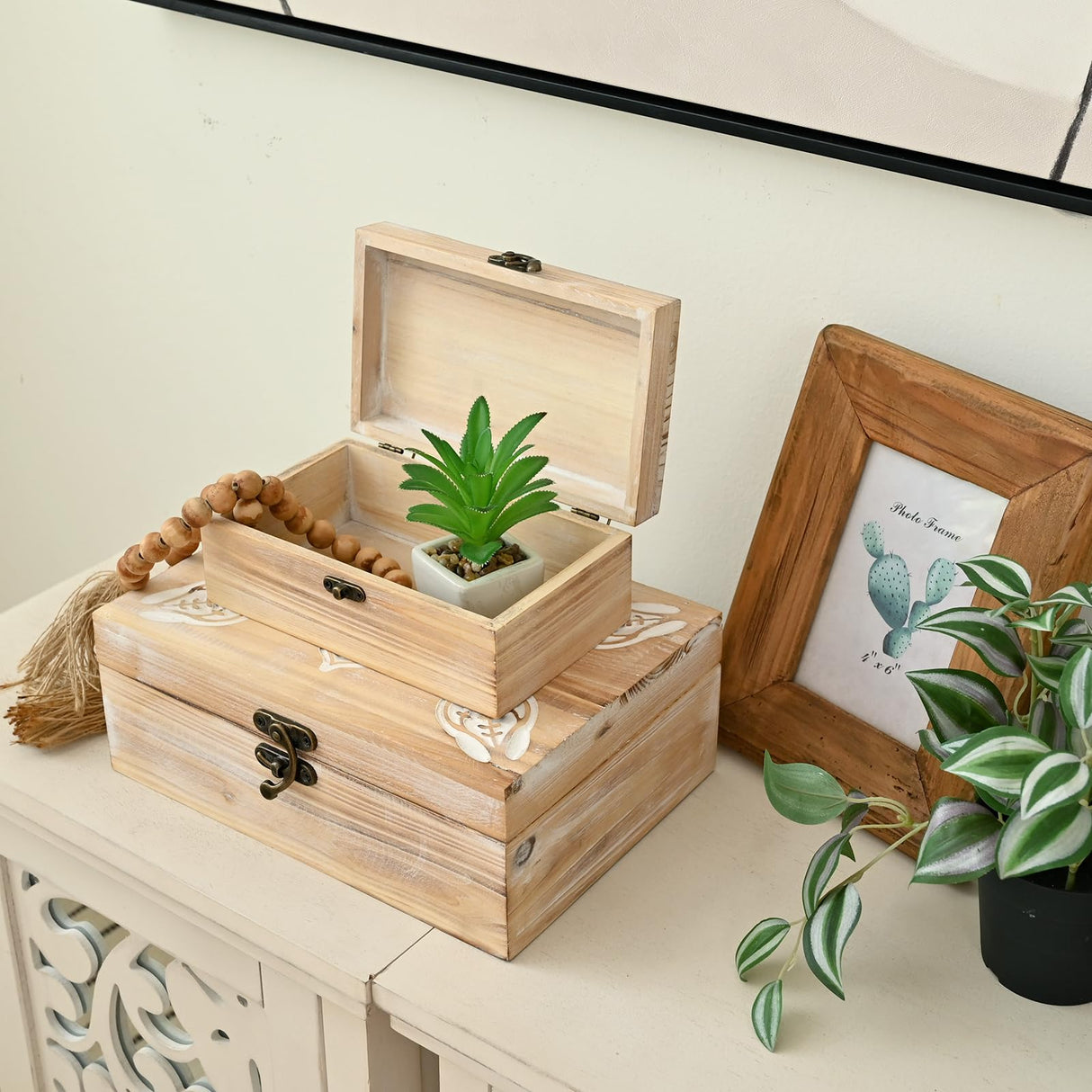 DECOR4SEASON Rustic Farmhouse Wooden Box Set of 2, Handcrafted Pine Wood with Hinged Lid and Intricate Mandala Carved Design for Home Decor DECOR4SEASON