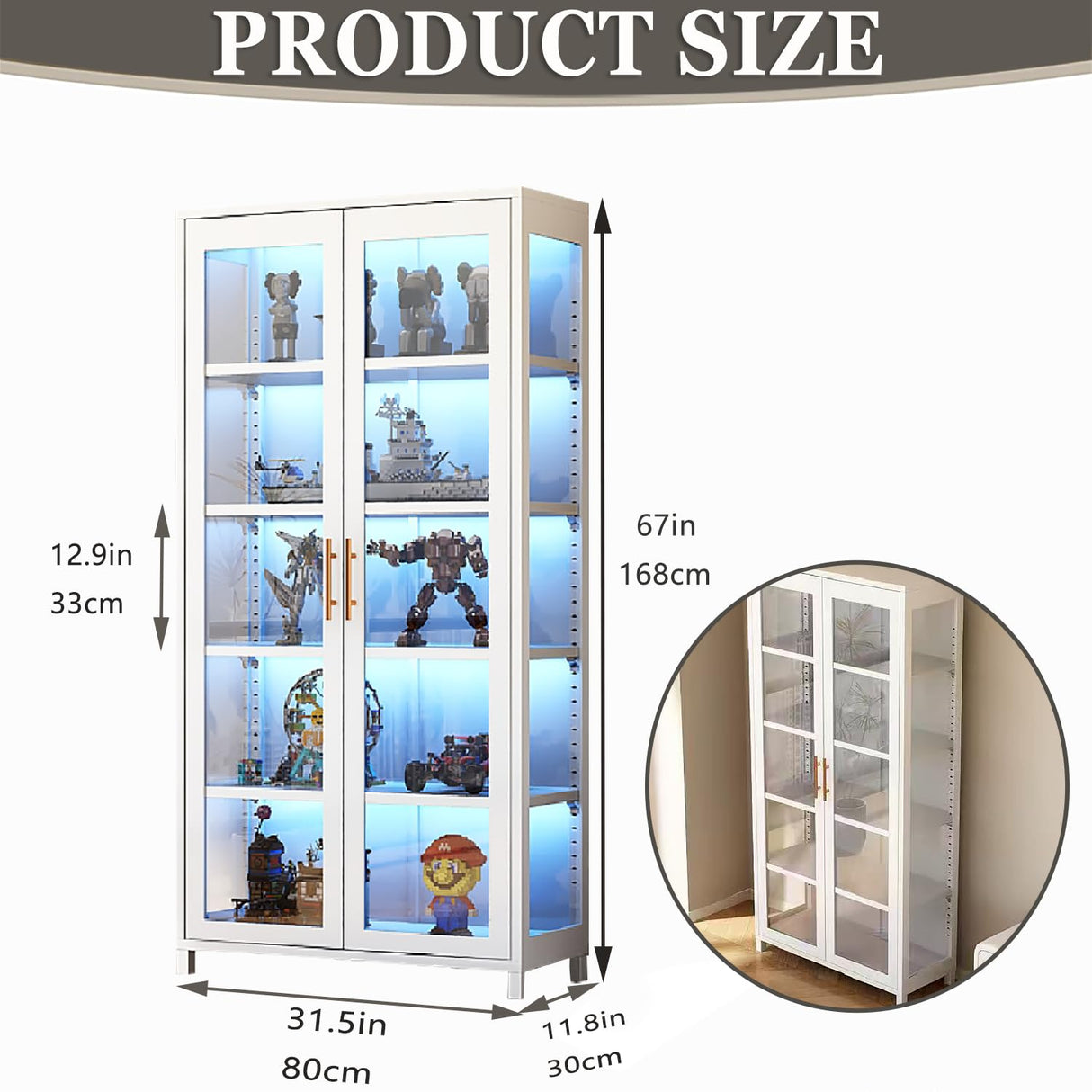 qeknxks Display Cabinet with Glass Doors, 5-Tier Metal Curio Cabinet, Glass Display Cases for Figurine, Toy Organizers Rack & Display Shelf, Kids Bookcase for Home Office, Playroom, Living Room qeknxks