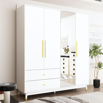 MOUMON 4-Door Wardrobe with Mirror & 2 Drawers, Armoire Wardrobe Closet with 2 Hanging Rods, Armoire Closet with Wooden Legs, Closet for Bedroom White (63”W x 18.9”D x 70.9”H) - WoodArtSupply