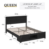 madeslves Wooden Bed Frame Queen Size with Headboard & Sliding Barn Door Storage Footboard, Farmhouse Platform Bedframe with Charging Station & Lights, No Box Spring Needed, Black madeslves