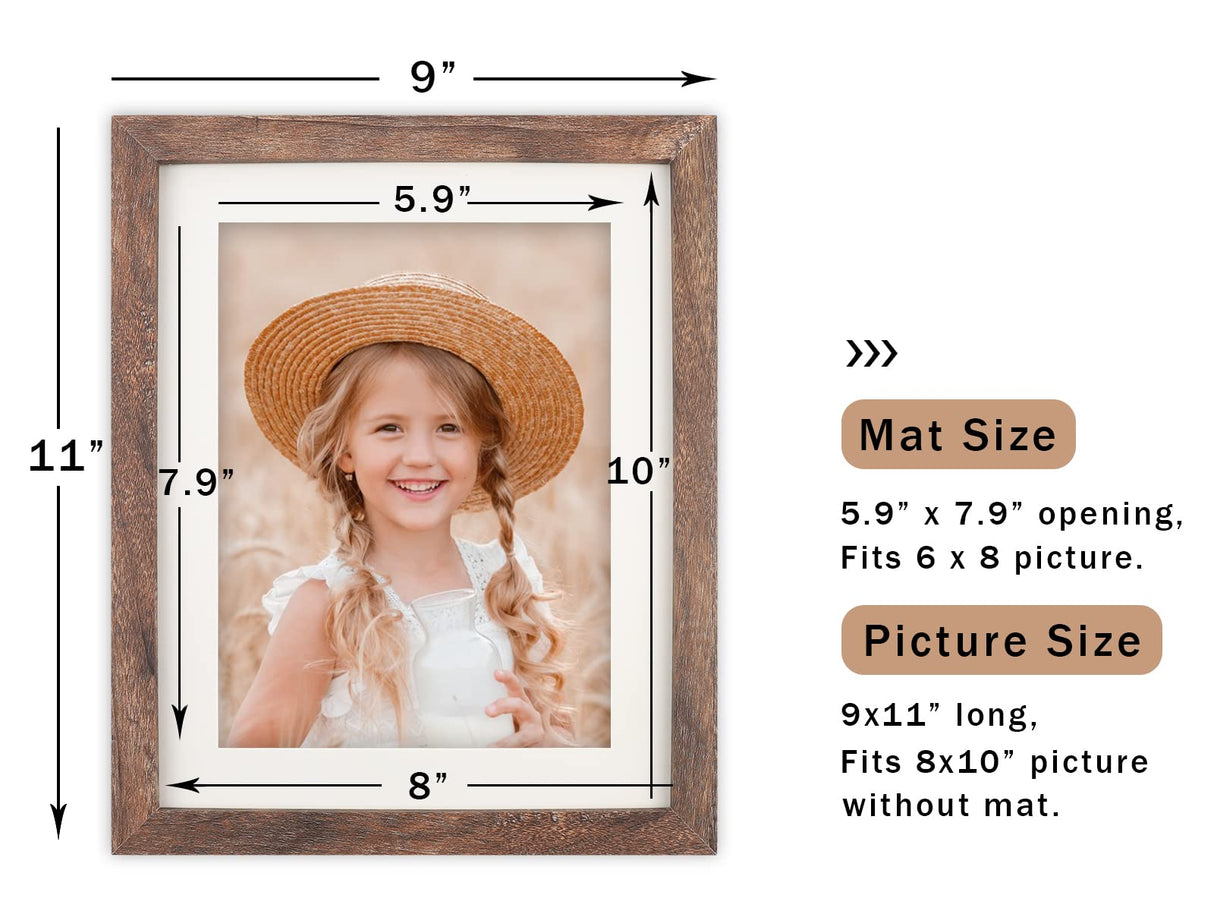 ORIVAN 8x10 Picture Frame Wood Display Picture 6x8 with Mat or 8x10 without Mat Distressed Brown Photo Frame for Wall and Tabletop Decoration ORIVAN