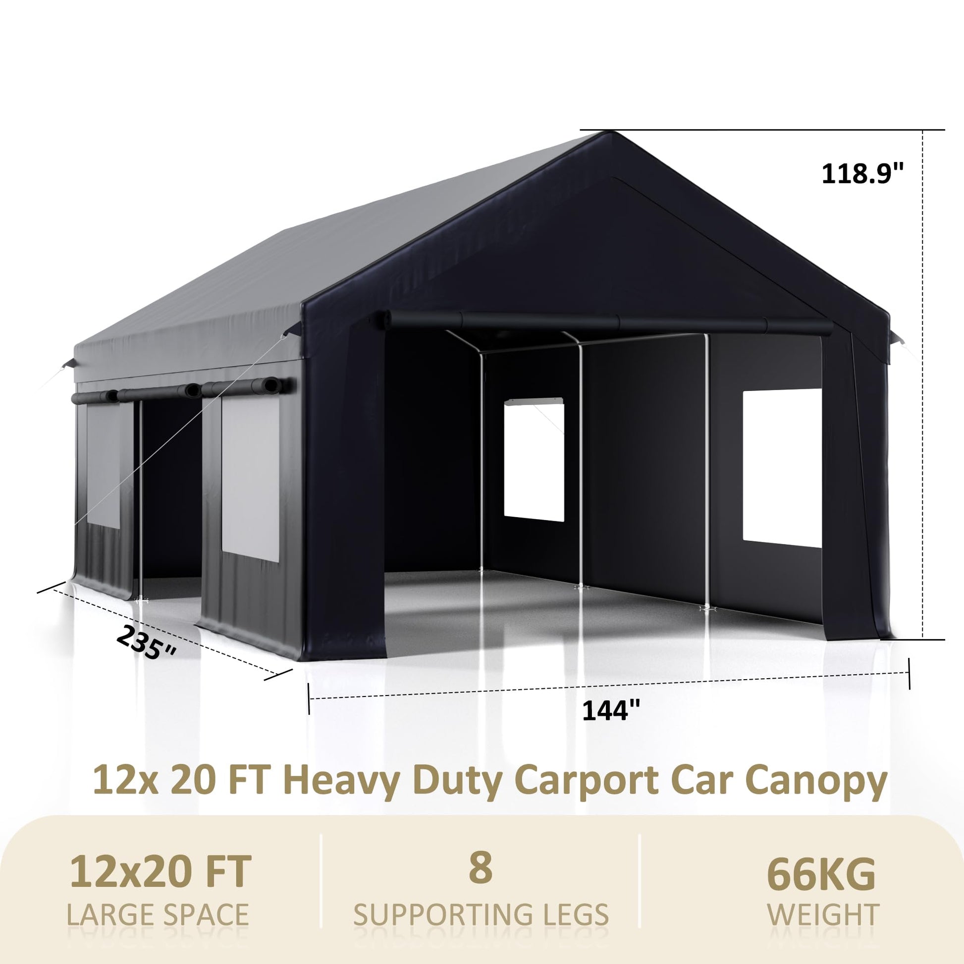 AirWire Carport 12' x 20' Heavy Duty Portable Garage, Carport Canopy with Side-Opening Door & Roll-Up Windows, Car Canopy Reinforced Four-Hole Base for Car, Truck, Boat, Party, Black - WoodArtSupply