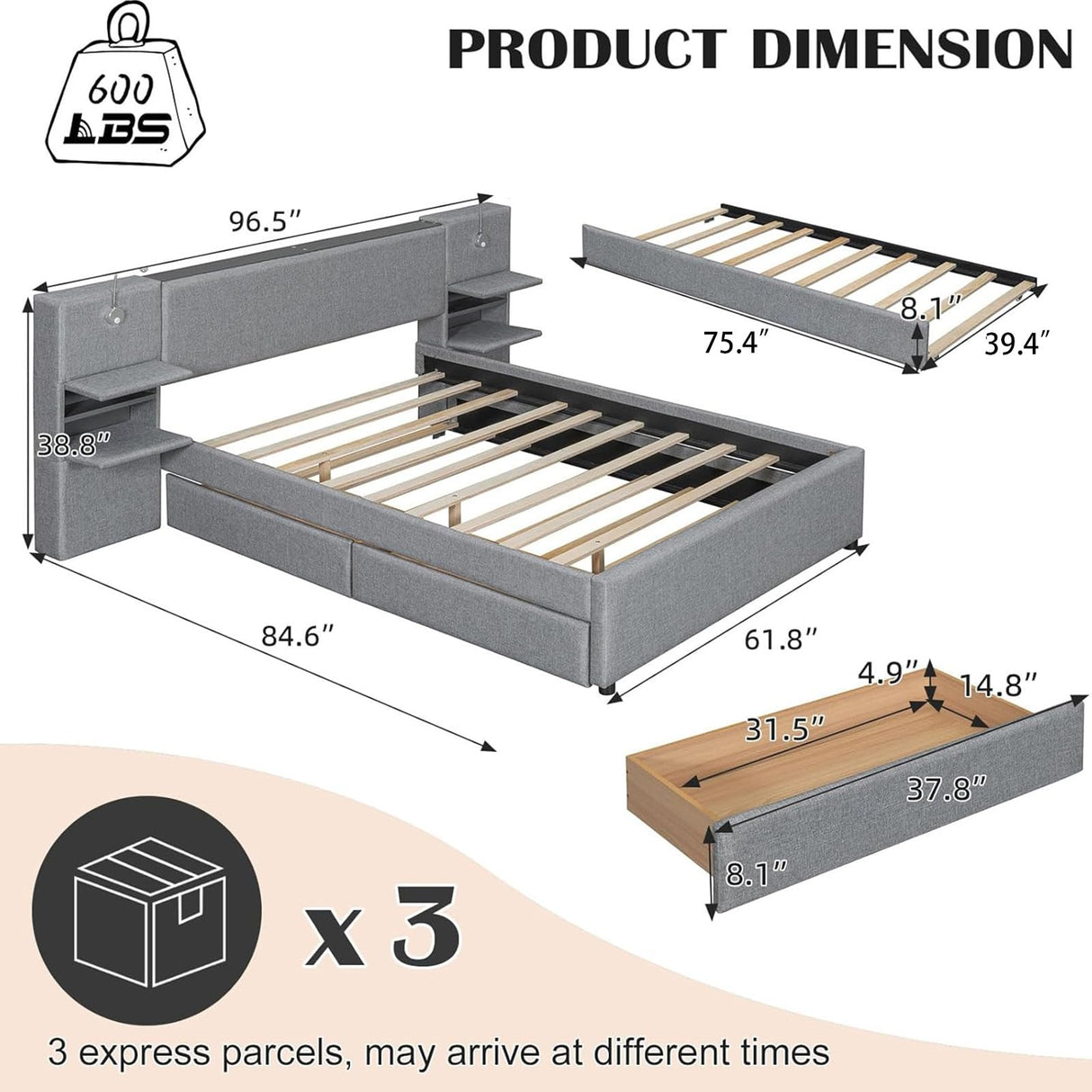 Luxury Queen Bed Frame,Queen Size Trundle Bed Frame with 2 Storage Drawers,Reading Lights, Storage Headboard,Storages Rack,Queen Size Linen Upholstered Platform Bed for Bedroom (Gray, Queen) Firscook