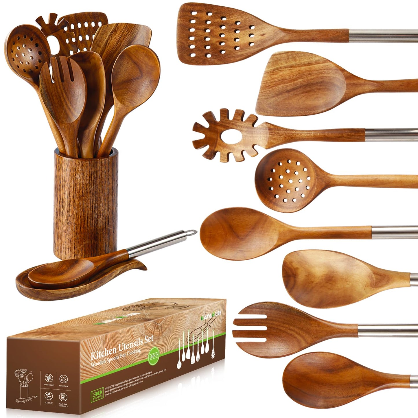 10 PCS Wooden Spoons for Cooking, Spoons and Spatula Set with Stainless Steel Handle, Teak Wooden Utensils Set with Holder & Spoon Rest, Kitchen Utensils for Non-Stick Cookware