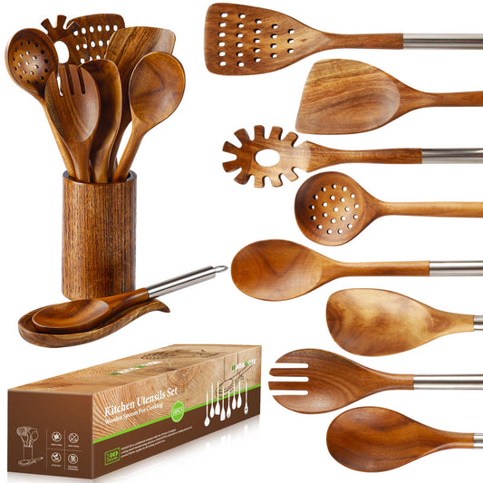 10 PCS Wooden Spoons for Cooking, Spoons and Spatula Set with Stainless Steel Handle, Teak Wooden Utensils Set with Holder & Spoon Rest, Kitchen Utensils for Non-Stick Cookware