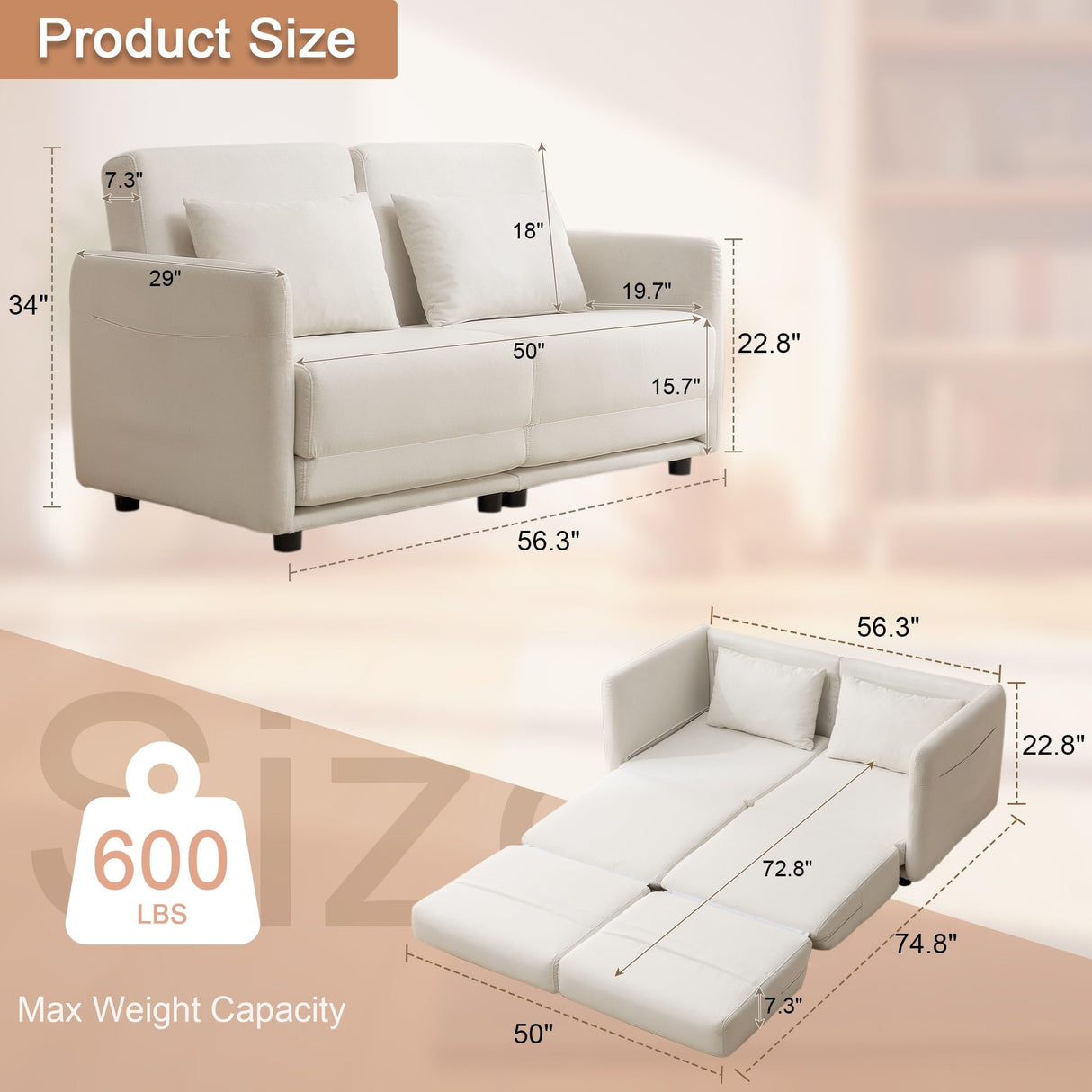 Korser 56.3" W x 74.8" D Small Full Size Pullout Sofa, Futon Sofa Bed with Side Pockets, Convertible Loveseat with Washable Breathable Cover, Living Room Futon Sofa, White Korser