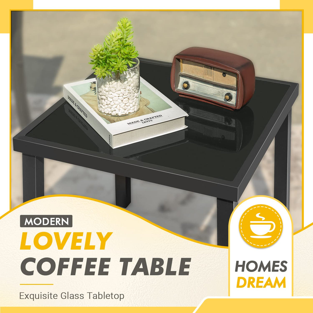 Greesum 3 Pieces Patio Furniture Outdoor Bistro Set Textilene Fabric Chairs for Lawn, Garden, Balcony, Poolside with A Glass Coffee Table, Black Greesum