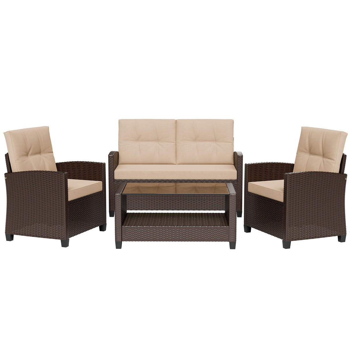Shintenchi 4 Piece Patio Furniture Set, Outdoor Rattan Conversation Set with Coffee Table, Outside Wicker Sectional Sofa Couch with Cushion, Brown and Khaki Shintenchi