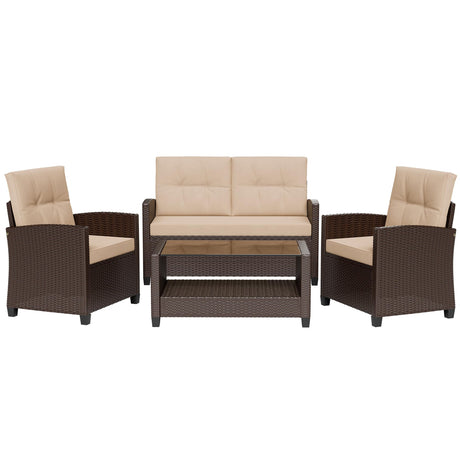 Shintenchi 4 Piece Patio Furniture Set, Outdoor Rattan Conversation Set with Coffee Table, Outside Wicker Sectional Sofa Couch with Cushion, Brown and Khaki Shintenchi