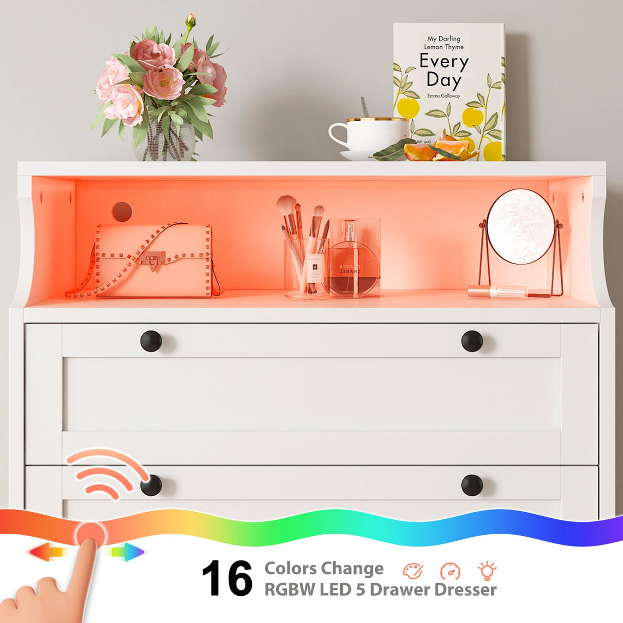 EnHomee Dresser for Bedroom, Modern White Dresser with LED Light, Tall Dresser with 5 Large Wood Drawers for Closet Organizers and Storage Clothes, Chests of Drawers for Closet, Entryway EnHomee