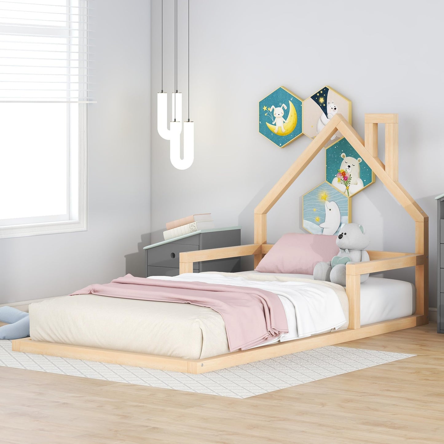 Bellemave Twin Size Montessori Floor Bed with House-Shaped Headboard and Railings in Natural Finish