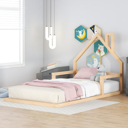 Bellemave Twin Size Montessori Floor Bed with House-Shaped Headboard and Railings in Natural Finish