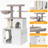 Snughome Cat Litter Box Enclosure with Cat Tree Tower and Condo, Hidden Cat Washroom Furniture with Sisal Scratching Post and Soft Plush Perch, Wooden Cat Furniture with Multiple Platforms, White Snughome