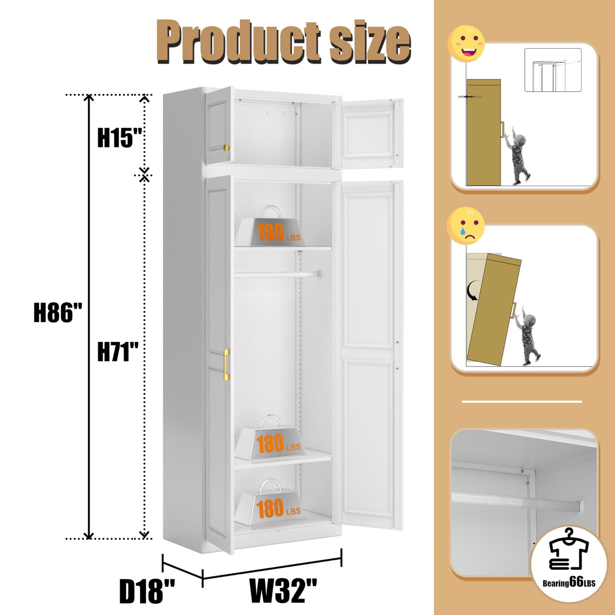 Metal Armoire Wardrobe Closet with Hanging Rod, 86" Tall Metal Clothing Storage Cabinet, White Armoire with Adjustable Shelves MetalMax