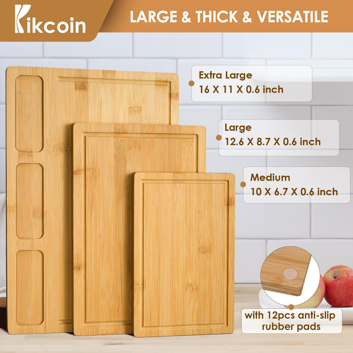 Bamboo Cutting Boards for Kitchen, (Set of 3) Kitchen Chopping Board with 3 Built-In Compartments and Juice Groove Heavy Duty Serving Tray Wood Kikcoin