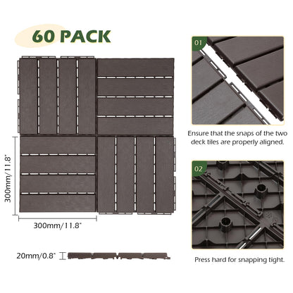 Dyna-Living 60 sq. ft Plastic Interlocking Deck Tiles, 60 Pack, 12"x12" Indoor Outdoor Waterproof Patio Floor Decking Tiles for Balcony, Backyard, Garden & Poolside, All Weather Use, Dark Brown