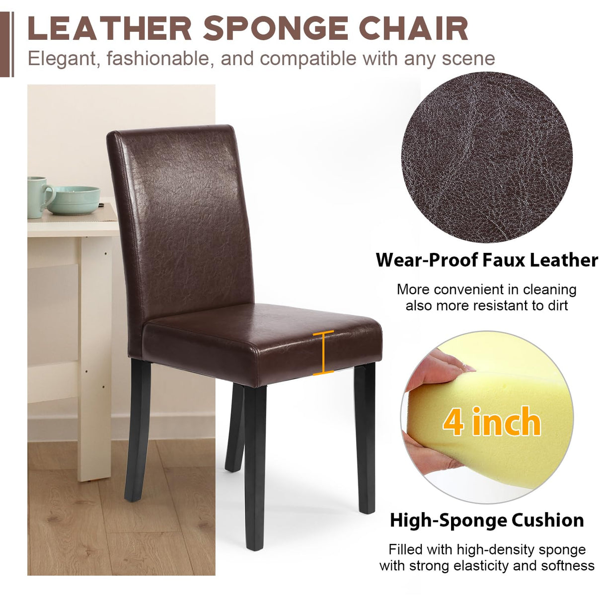 FDW Dining Chairs Set of 4, Dining Room Chairs Kitchen Chairs,Side PU Cushion Chairs with Waterproof Surface and Wood Legs,for Kitchen Restaurant and Living Room,Leather Brown FDW