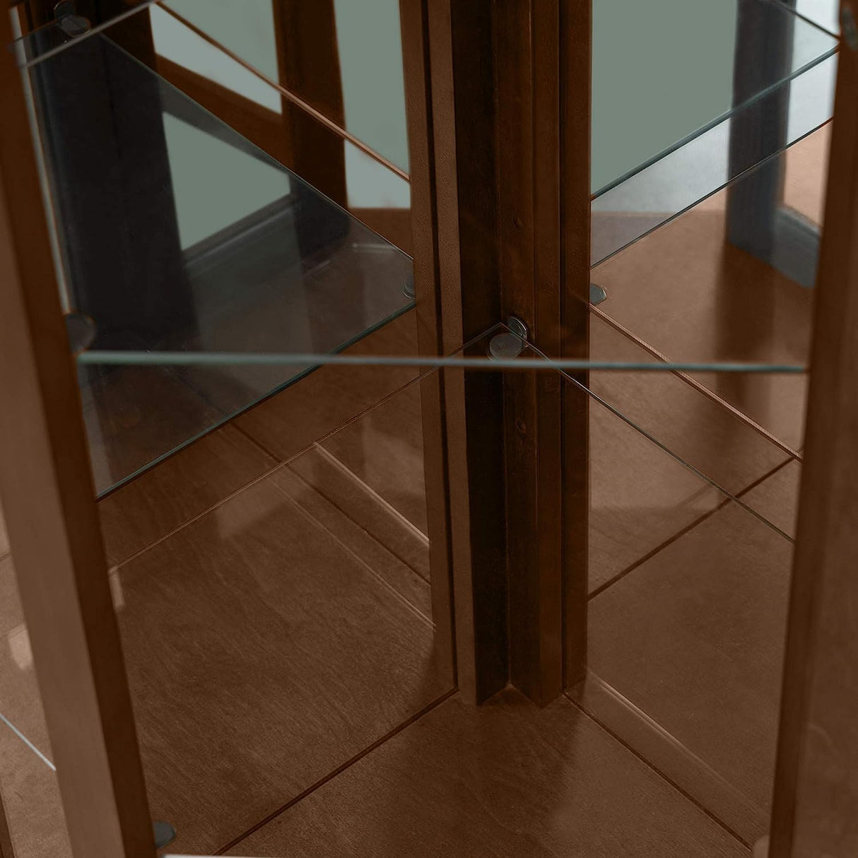 Goujxcy Lighted Corner Display Curio Cabinet Wooden Curved Shelving Unit with Adjustable Shelves and Mirrored Back Panel, Tempered Glass Doors for Goujxcy