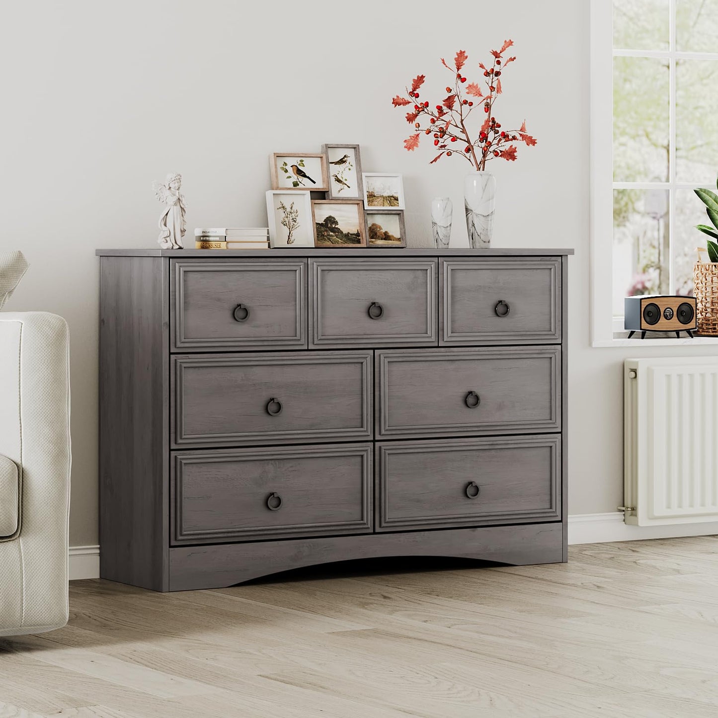 Modern 7 Drawer Dresser Gray Dressers for Bedroom, Wood Dresser with Drawers for Clothes Storage, 47" Long Dresser with Textured Borders Deep Drawer, Chest of Drawers Closet Organizers for Be - WoodArtSupply