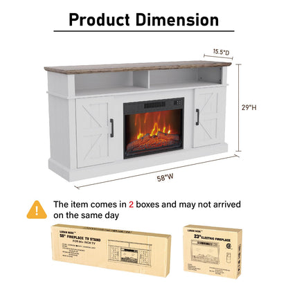 Luban Nese Fireplace TV Stand for TVs Up to 65" with 23" Electric Fireplace, Entertainment Center with Storage Cabinet and Open Shelves, Media Console with Barn Doors for Living Room (White)