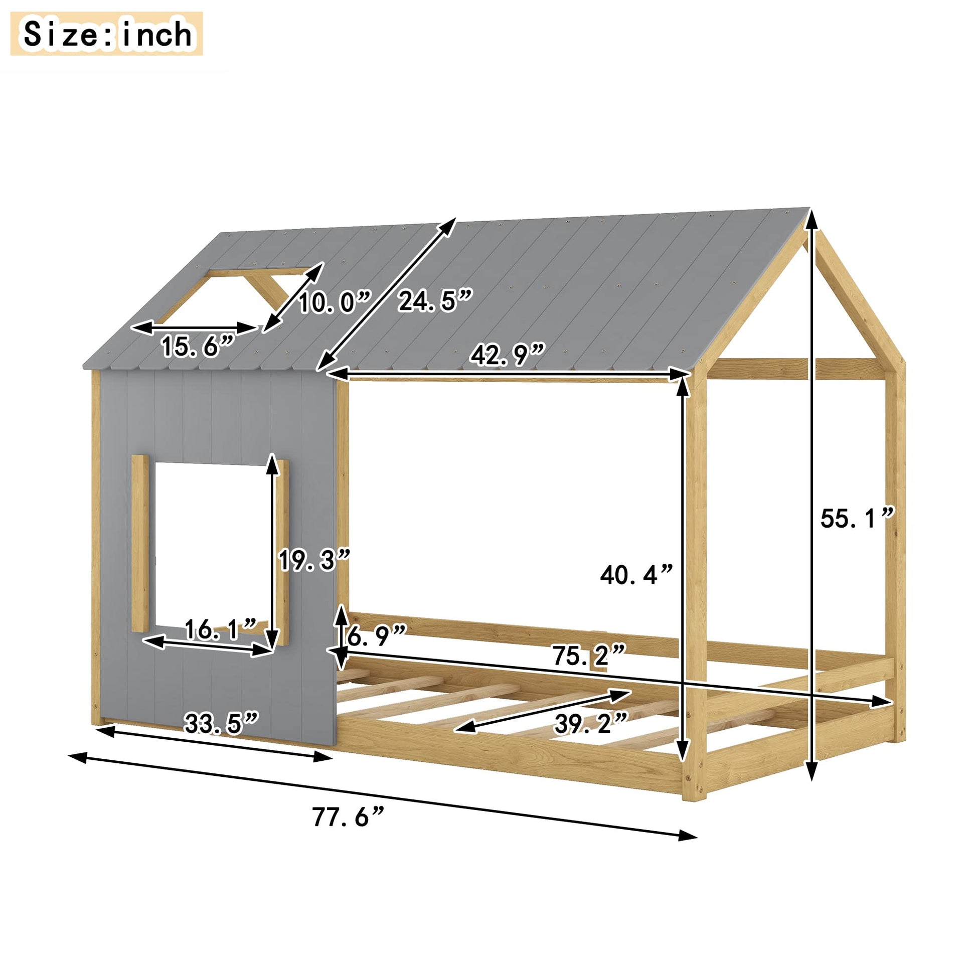 MERITLINE Twin House Bed for Kids - Montessori Playhouse Design in Gray and Natural Wood - WoodArtSupply