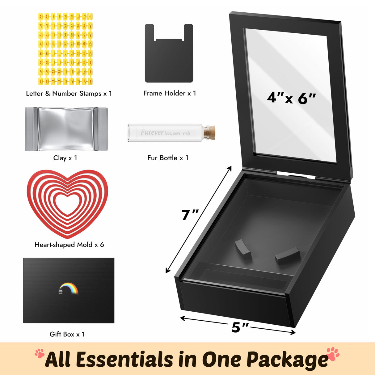 Grarry Pet Memorial Shadow Box with Paw Print Impression Kit Keepsake, 4”X6” Dog Cat Picture Frame, DIY Pawprint Clay Ornament Gift, Acrylic Loss of Dogs Sympathy Gifts with Hair Bottle for Pets Lover Grarry