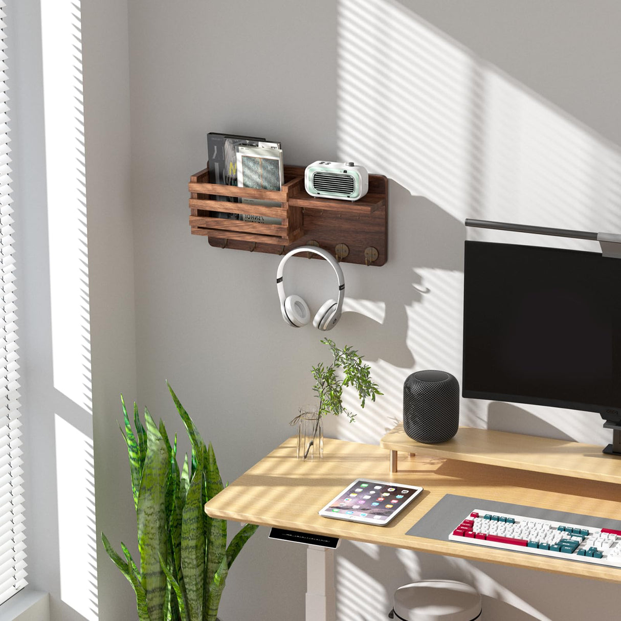 Key Holder Wall Mount, Key and Mail Holder for Wall, Wall Key Holder with Shelf and 6 Large Hooks for Bags, Coats, Umbrella, Wood Key Shelf for Entryway, 4 Small Key Hook, Wallet/Dog Leash Holder,Pine Longtor