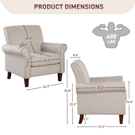 Prilinex Upholstered Living Room Chair - Large Comfy Fabric Accent Chair Single Sofa with Cushion, Rolled Armrest & Nailhead Trim, Mid Century Farmhouse Armchair for Bedroom, Office, Beige Prilinex