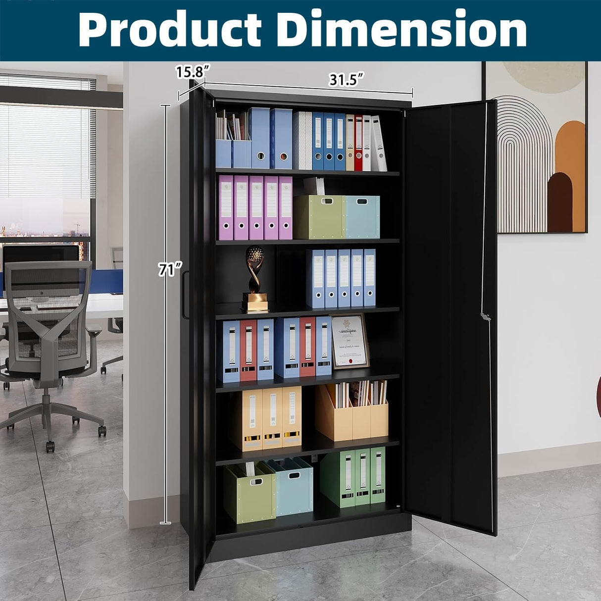 Guizeeopo Metal Storage Cabinet with 5 Adjustable Shelves, Garage Storage Cabinet with Doors and Shelves, File Cabinets for Home Office, Kitchen Pantry Cabinet, 71'H, Black Guizeeopo