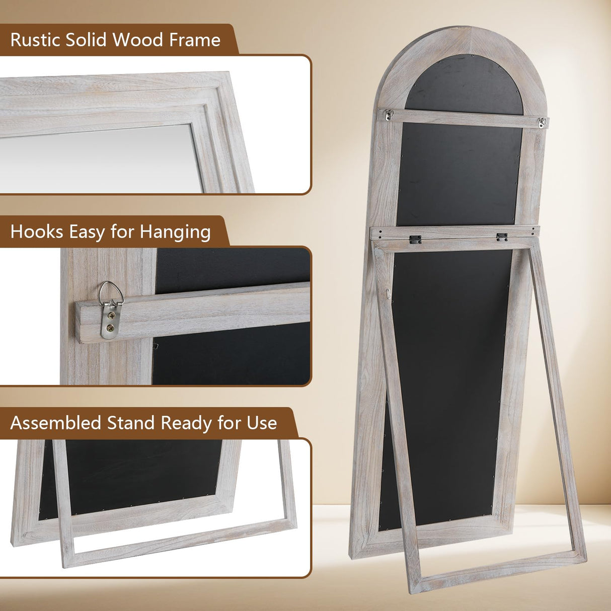 MELOMOIR Arched Full Length Mirror with Solid Wood Frame, 56"x21" Rustic Farmhouse Floor Mirror with Stand, Free Standing Leaning Hanging, for Bedroom Living Room Dressing Room, Distressed White MELOMOIR