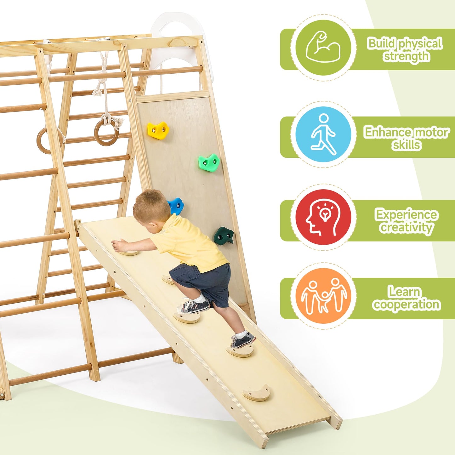 Wpond Indoor Jungle Gym, 8 in 1 Indoor Playground for Kids, Wooden Toddler Climbing Toys Indoor, Climbing Gym for Boys and Girls, Toddlers Wooden Climbing Gym for Age 3-8