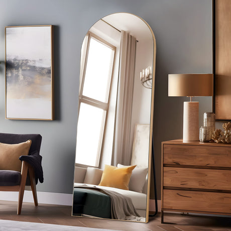 NeuType 64"x21" Arched Full Length Mirror with Stand Arched Shape Wall Mounted Mirror Large Full Body Bedroom Mirror Hanging or Leaning Against Wall, Wood Frame Arched Mirror - Natural NeuType