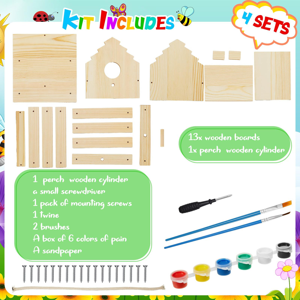 Juexica 4 Set DIY Birdhouse Kit Unfinished Bird House Painting Crafts for Kids with Paints and Paintbrushes Welcome Spring Gifts Outdoor Summer Crafts for Boy or Girl Ages 4-8 Juexica