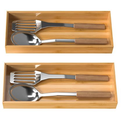 VeyFey Bamboo Drawer Organizer, Stackable Utensil Organizer for Kitchen, Bamboo Storage Box Wood Silverware Tray for Drawer 15" x 6" x 2" Set of 2